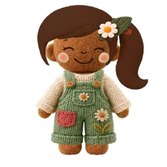 A felt doll with a brown ponytail, a daisy hair clip and green overalls.