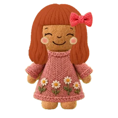 A felt doll with auburn hair, a coral bow and a rose flower dress.