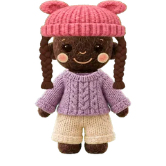 A felt doll with brown braids, a pink bear-ear beanie and a lavender sweater.